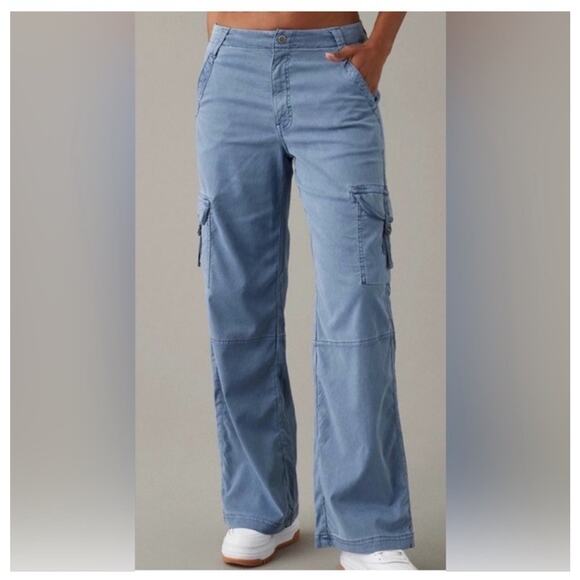 American Eagle Mid Rise Baggy Wide Leg Cargo Pants Blue Boho Y2K Womens 10 - Picture 1 of 10